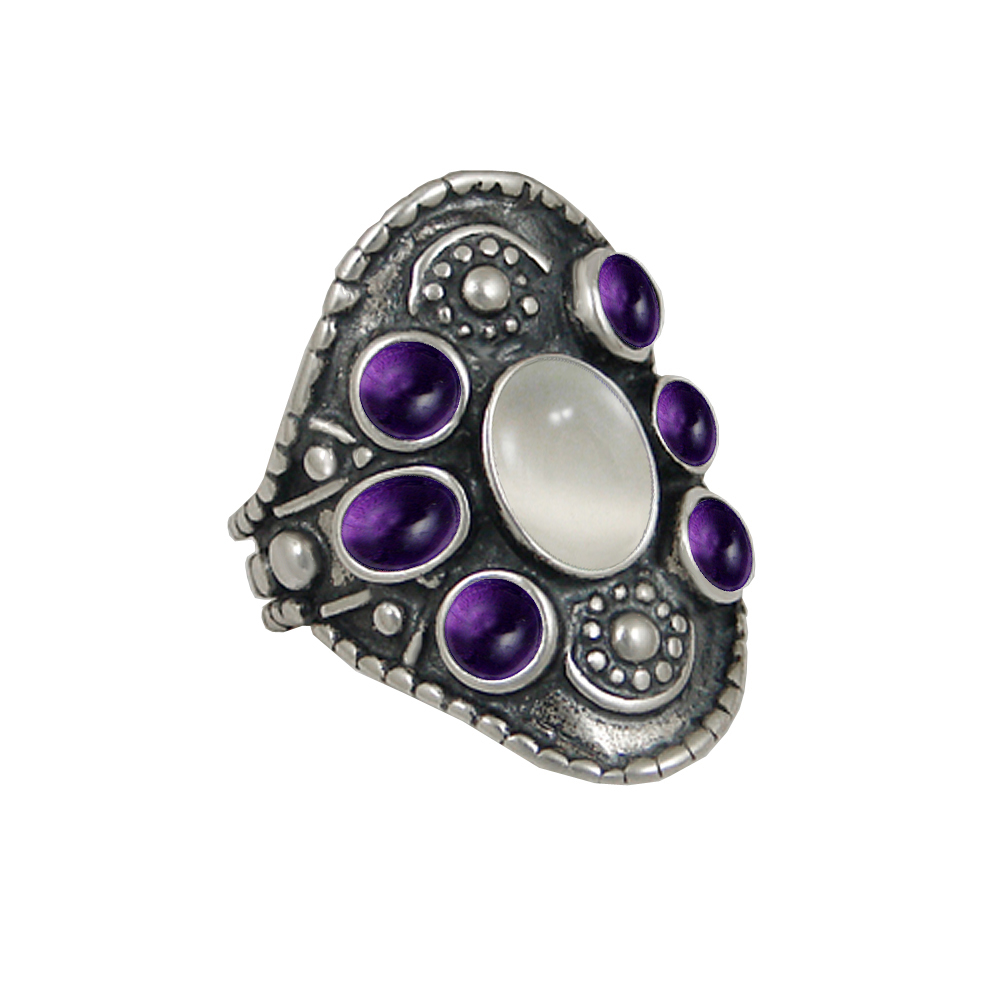 Sterling Silver High Queen's Ring With White Moonstone And Amethyst Size 7